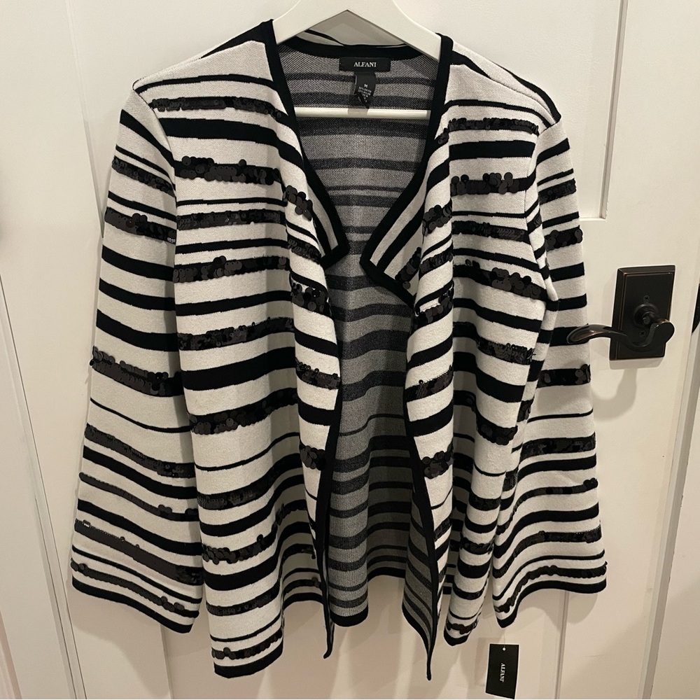 Alfani Luxe Jungle Striped Black and White Sequin Cardigan Sweater NWT